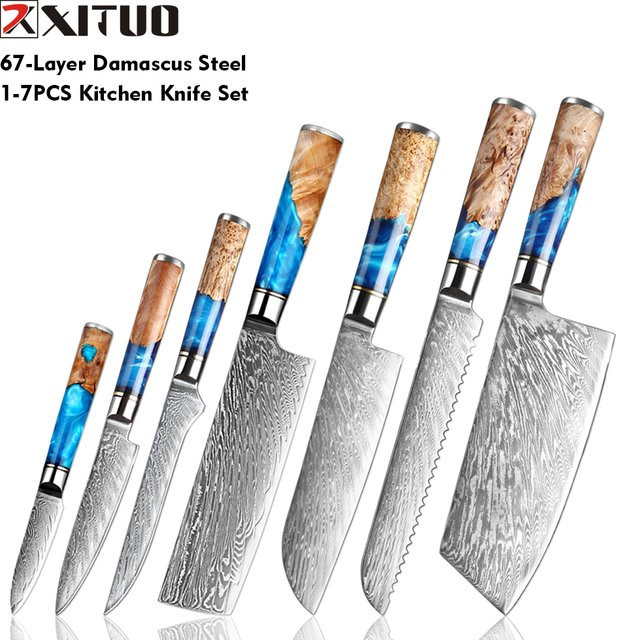 Xituo Japanisches Küchenmesser-Set mit blauem Harzgriff, 1–7 Stück, bestehend aus Santoku, Hackmesser, Brotmesser und Knochenmesser sowie Stäbchen - Bild 1