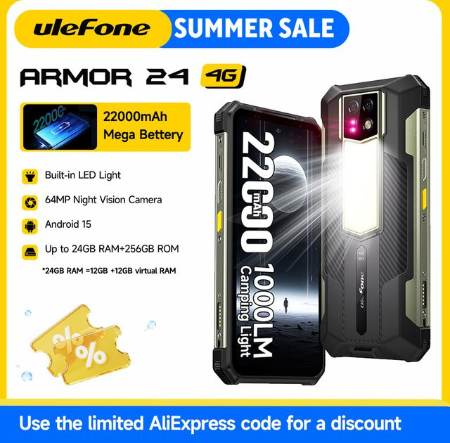 Ulefone Armor 24 Robustes Smartphone in Schwarz mit 22000 mAh Akku, Android 15, 6,78 Zoll 120 Hz Display, 256 GB Speicher, 64 MP Nachtsichtkamera und LED-Campingleuchte, 4G LTE, Globale Version - Bild 1