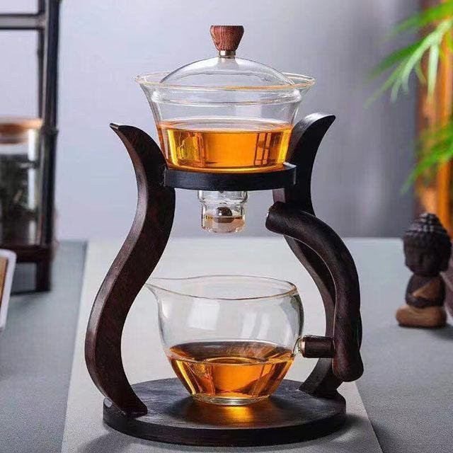 HOONRA Hitzebeständiges Glas Tee-Set mit Magnetischer Wasserableitung und Drehbarer Schale in Transparent und Braun - Bild 1