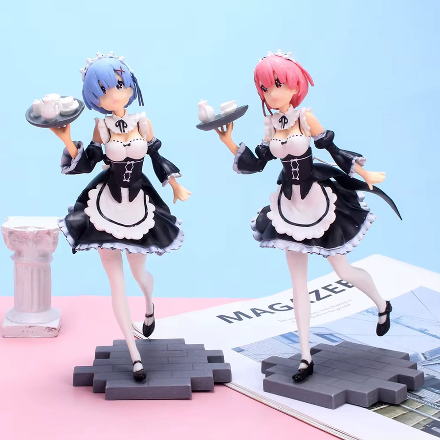 Bandai Re:Zero Rem & Ram Figurenset, Dienstmädchen-Kostüm mit Tablett, stehende Pose - Bild 2