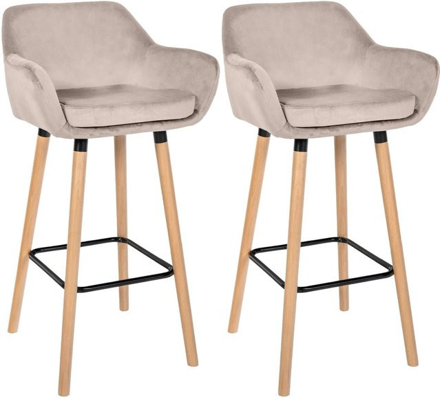 DELUKE 2er Set Barhocker MIRID aus Samt in Creme mit Lehne und Buchenholz, B/T/H: 55 x 46 x 99 cm - Bild 1