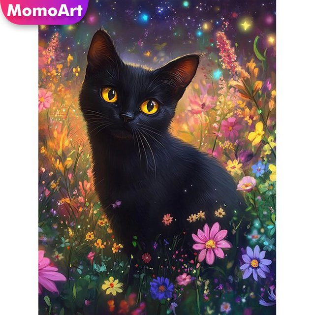 Momoart Diamantmosaik Set Schwarze Katze mit Blumenmotiv, DIY Rundes Strass Bild für die Wandgestaltung - Bild 1