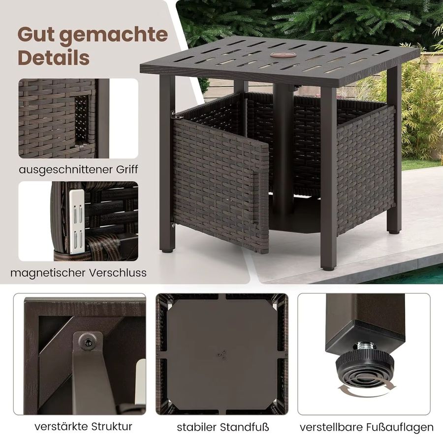 Wetterfester Beistelltisch aus Rattan in Braun mit Schirmloch für Garten und Balkon von GOFLAME - Bild 5