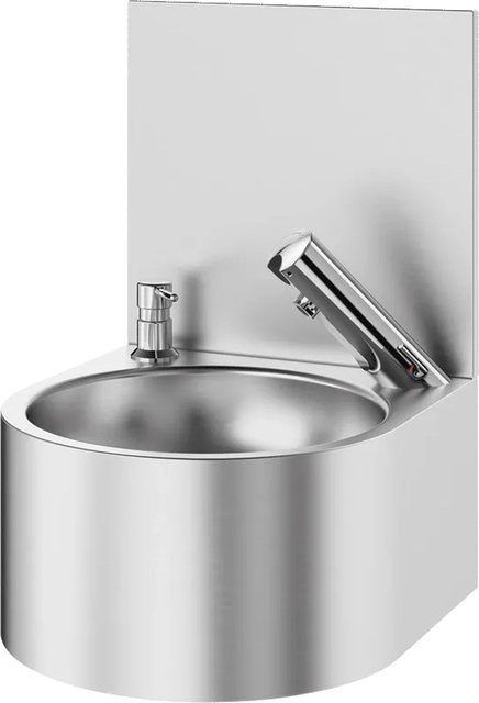 Delabie Wand-Handwaschbecken komplett aus Edelstahl in Silber mit elektronischem Ventil und Rückwand, B/T/H: 41,0 x 41,0 x 31,0 cm - Bild 1