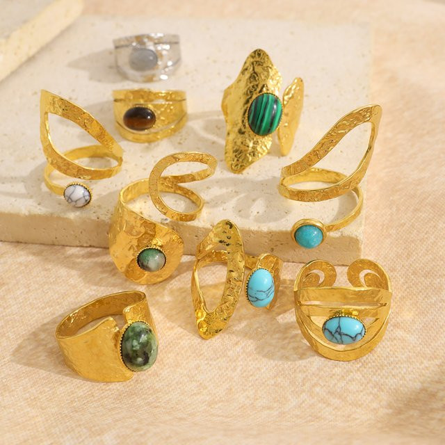 WILD & FREE Ringe Edelstahl, Gold, Naturstein, Damen, Vintage - Bild 1