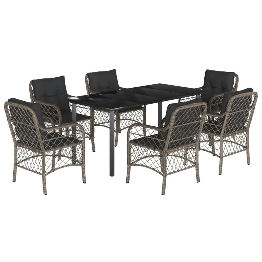 vidaXL 7-teilige Garten-Essgruppe aus Poly Rattan in Grau mit Glasplatte und Kissen - Bild 2