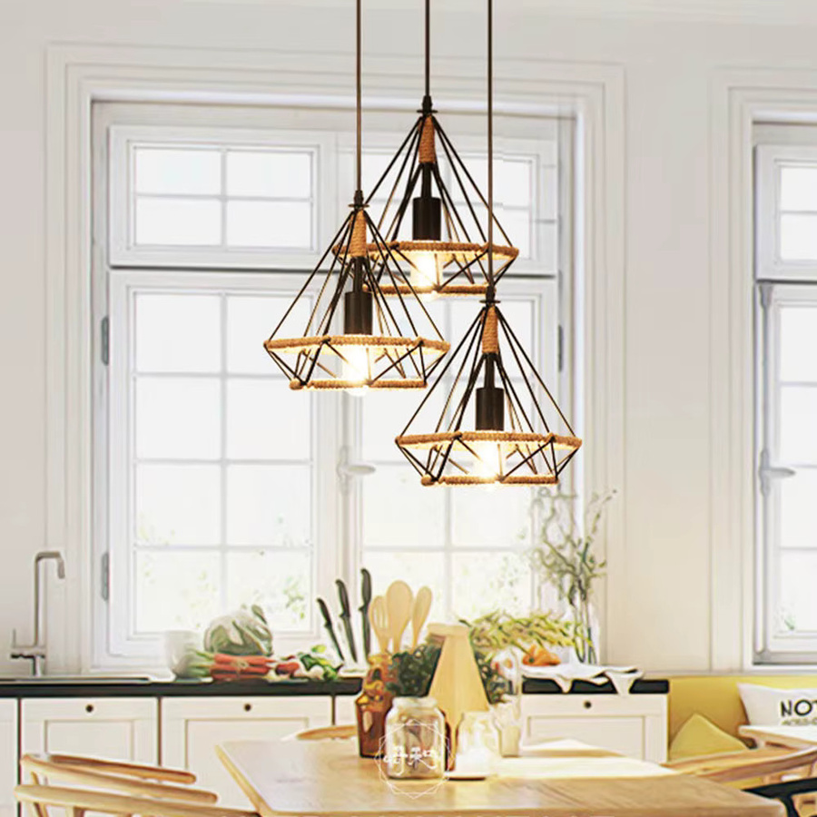 MengJay Vintage Pendelleuchte im Industrie-Loft-Stil mit E27 Fassung aus Metall und Hanfseil - Bild 3