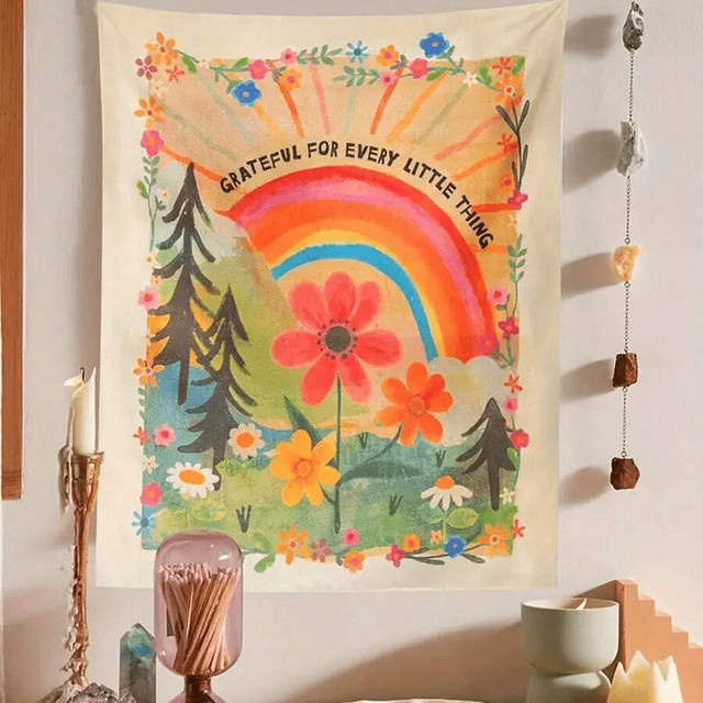 VIKAMA Wandteppich Dankbarkeit Regenbogen mit bunten Blumen und Kiefer im Boho-Stil, Mehrfarbig - Bild 1