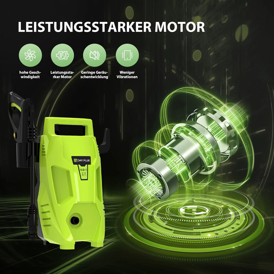 DayPlus Elektrische Hochdruckwaschmaschine in Grün mit 2300W, 2050PSI, 1.6GPM, verstellbarer Düse und Waschmitteltank für Auto, Terrasse und Garten - Bild 3