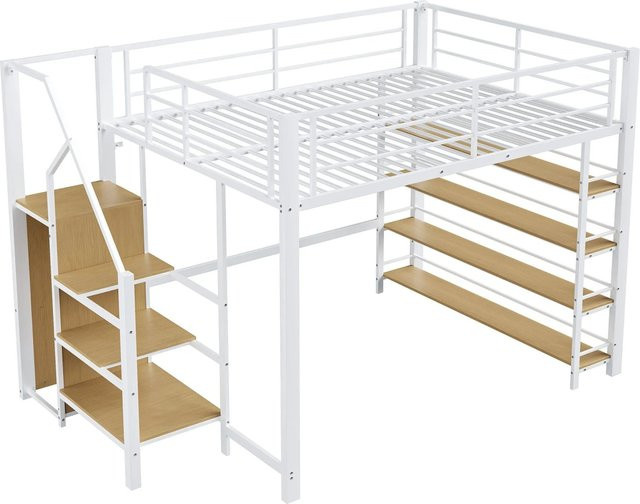 Merax Hochbett mit Treppe und Stauraum Schrank in Weiß und Schwarz, B/T/H: 200 x 140 x 170,5 cm - Bild 1