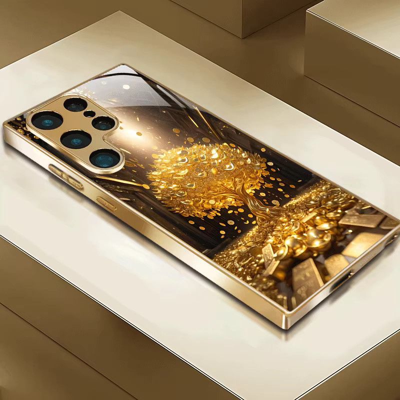 Handyhülle mit goldenem Baumbaumuster für Samsung Galaxy S26 S25 S24 S23 S22 S21 FE Ultra Plus aus galvanisierter Glas-Hartschale und TPU in Gold - Bild 2