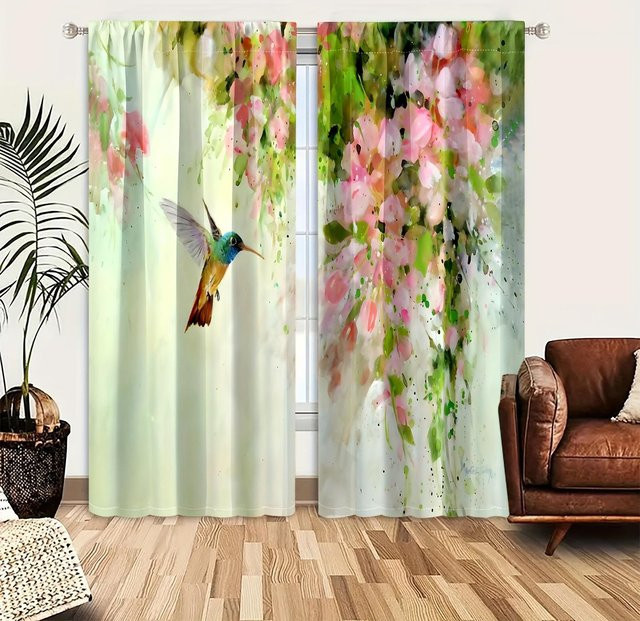 Yiran Furniture Dekovorhang im Vintage-Stil mit Kolibri- und Blumendruck, 2er-Set aus Polyester Jacquard, Boho-Design, halbtransparent, Multicolour, B: 50 cm, H: 130 cm - Bild 1