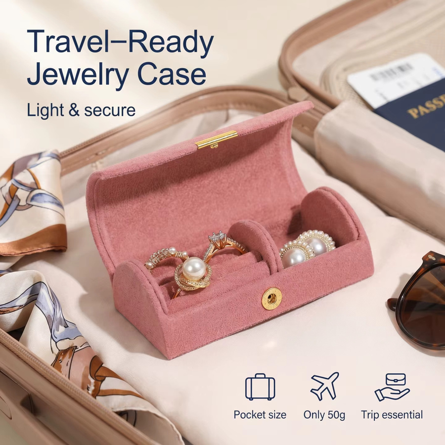 Elegante tragbare Mini-Schmuckbox aus Samt in Braun für Ringe und Ohrringe - Bild 2