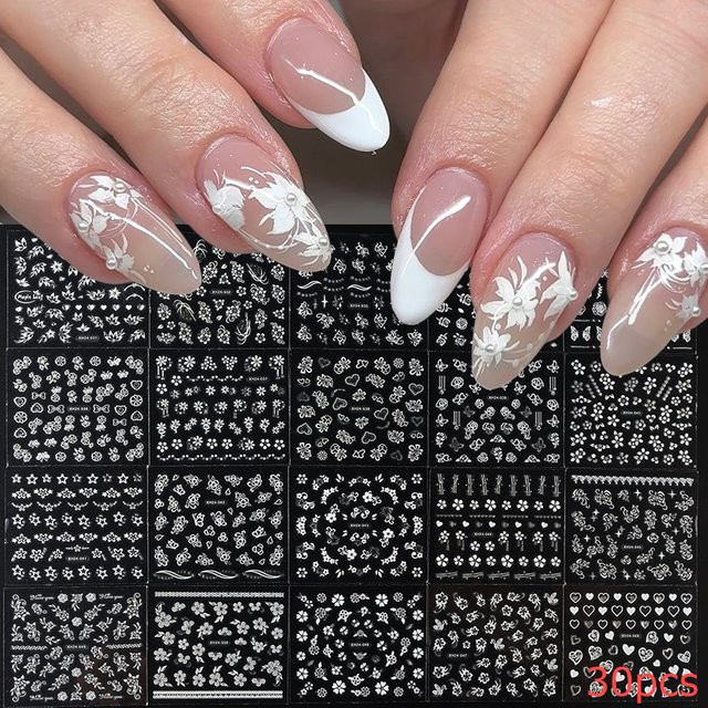 Nagelaufkleber, weiße Blumen und Herzen, 30 Stück, Unisex - Bild 1