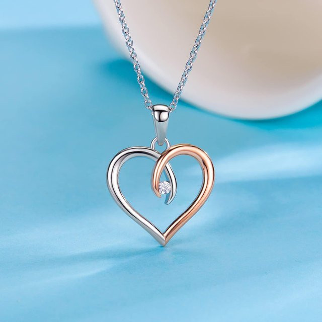 Halskette 925 Silber, Pfirsich Herz Intarsien, Diamant, Damen - Bild 1