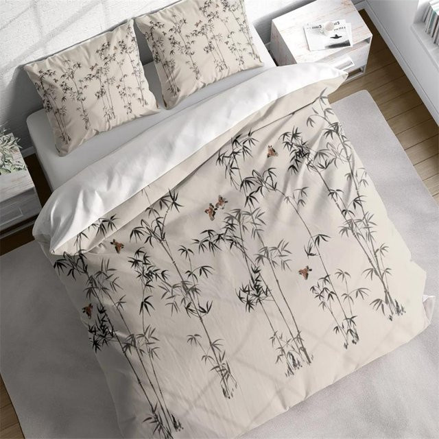 Lodestar Bettbezug Set mit Kissenbezügen in Beige mit japanischem Bambus und Vögeln im floralen Naturdesign, B/H: 180 x 210 cm - Bild 1