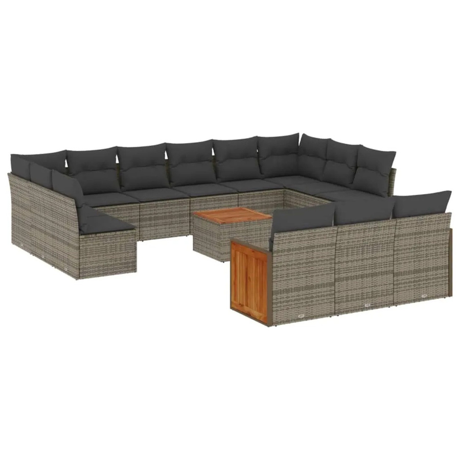 vidaXL 14-teilige Garten-Sofagarnitur in L-Form aus Polyrattan und Akazienholz mit Kissen in Grau - Bild 2