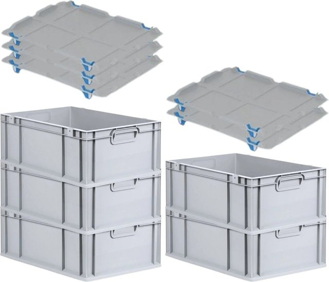 PROREGAL SparSet 5x Eurobox NextGen Grip mit Auflagedeckel und blauen Schiebeschnappverschlüssen, Grau, H x B x T: 22 x 40 x 60 cm - Bild 1