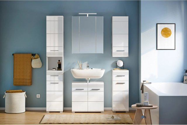 xonox.home Badmöbel-Set Linus in Weiß Hochglanz, 6-teilig, 150 cm - Bild 1