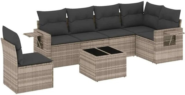 vidaXL 7-teilige Garten-Sofagarnitur aus Poly-Rattan in Hellgrau mit Kissen aus Polyester und pulverbeschichtetem Stahl - Bild 1