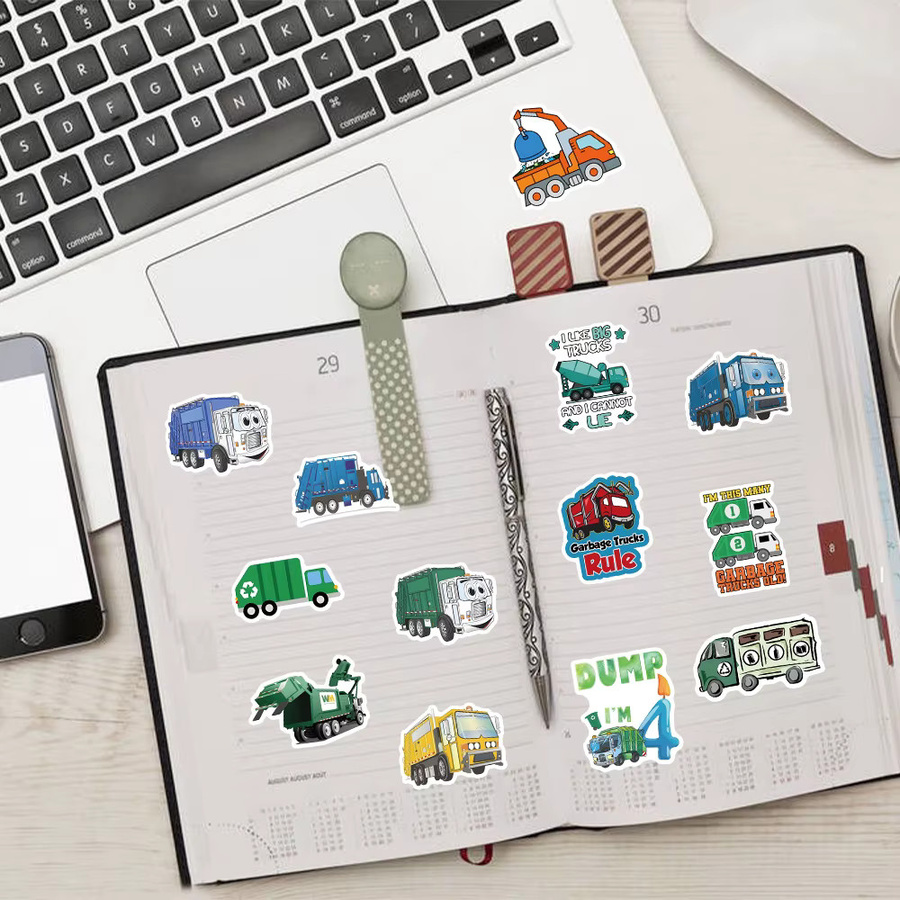 Charile Cartoon Müllwagen und Engineering Fahrzeug Aufkleber, Wasserdichte Graffiti Aufkleber für Kinder, Laptop und Koffer, Mehrfarbig - Bild 3