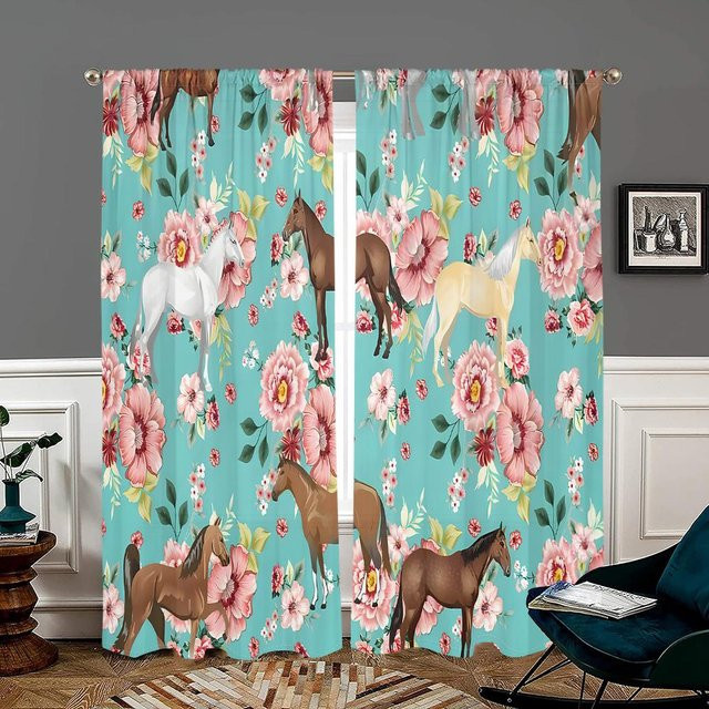 2er-Set florale Pferde-Vorhänge mit Verdunkelungseffekt in Multicolour, Breite: 150 cm, Höhe: 166 cm - Bild 1