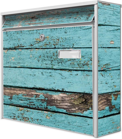 Banjado Briefkasten Mail Wandbriefkasten Weiß mit blauem Holzlatten-Motiv B/H/T: 36,2 x 32,2 x 10 cm