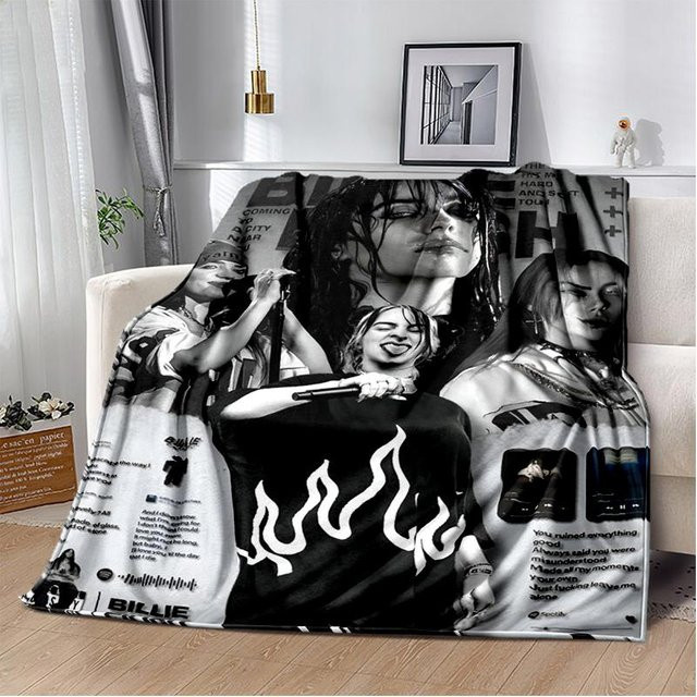 Billie Eilish Flanell-Überwurfdecke aus Polyester, weiche und warme Decke für Bett, Camping oder Picknick, B/B: 75 x 100 cm - Bild 1