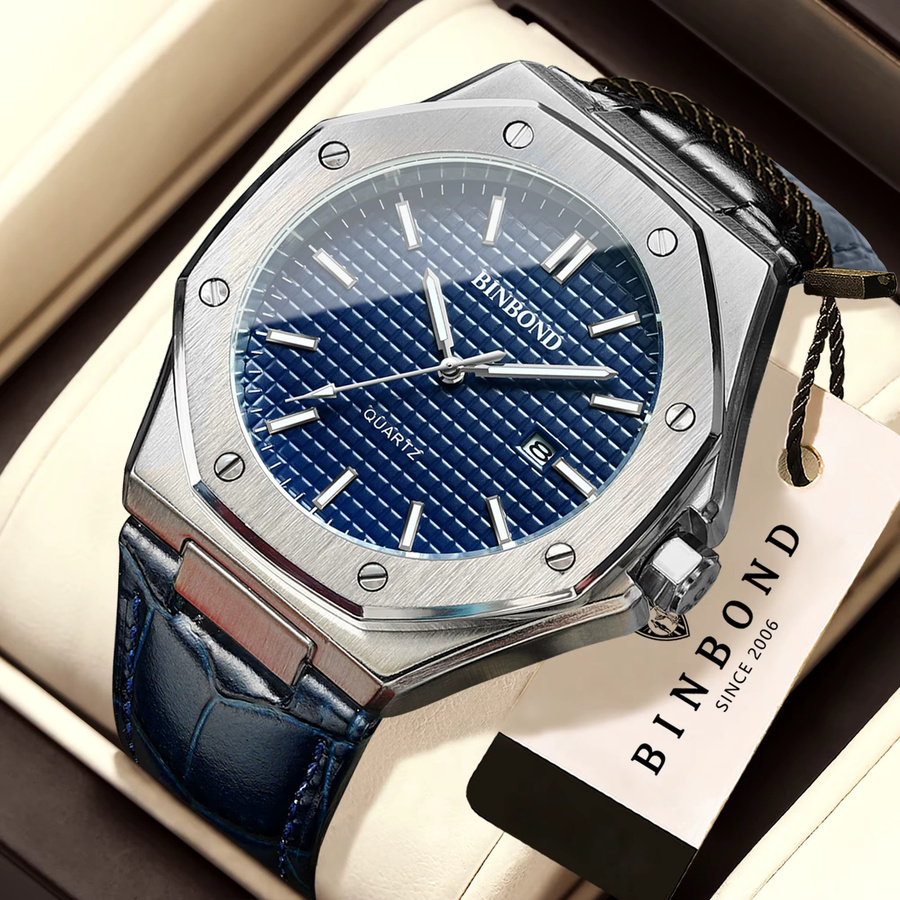 BINBOND Armbanduhr Quarz, Edelstahl, Leder, Blau, Herren - Bild 2