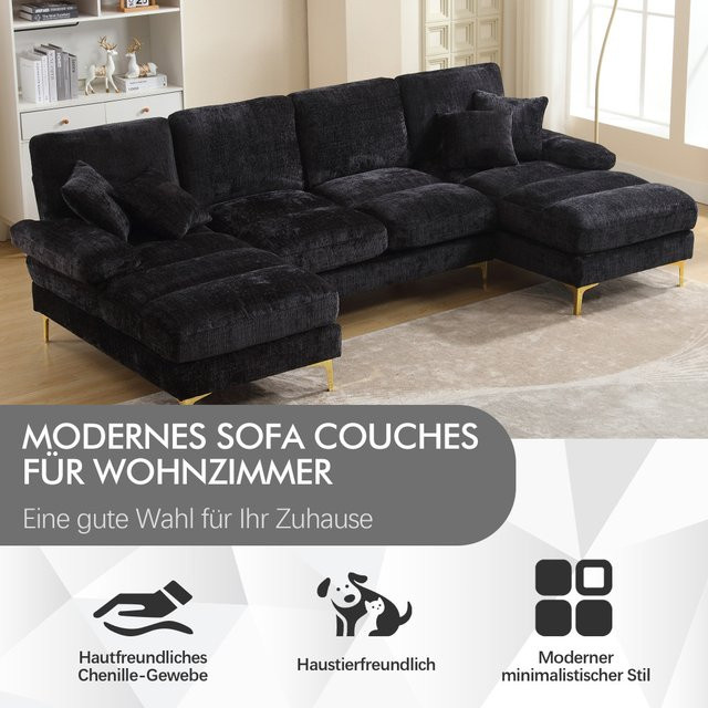 Ye Modernes U-förmiges Ecksofa aus Chenille in Schwarz mit zwei manuellen Relaxfunktionen - Bild 1