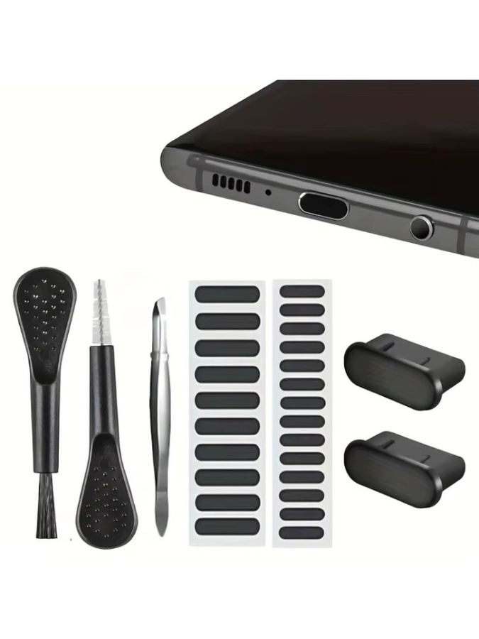 Multifunktionales USB-C Reinigungsset für Smartphone und PC in Schwarz mit Tastatur-Staubbürste, Lautsprecherschutz und Port-Staubsteckern - Bild 5