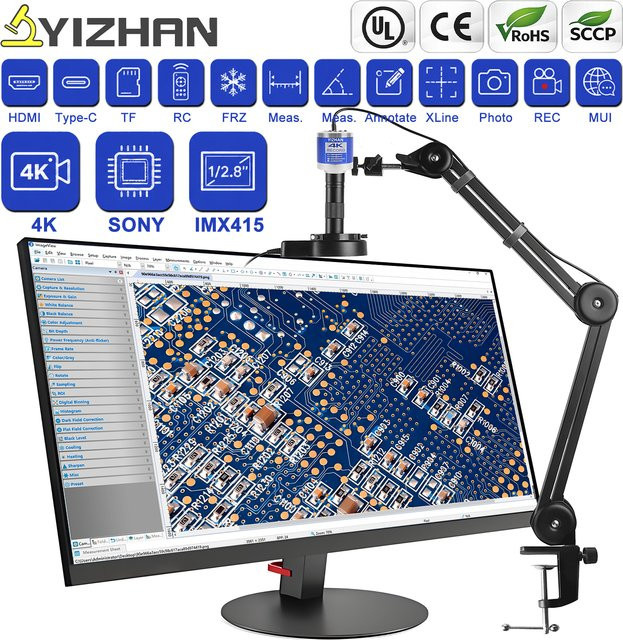 YIZHAN 4K Elektronisches Digitalmikroskop mit IMX415 Sensor, HDMI, USB und VGA, inklusive Anti-Vibrations-Halterung und Software, Schwarz - Bild 1