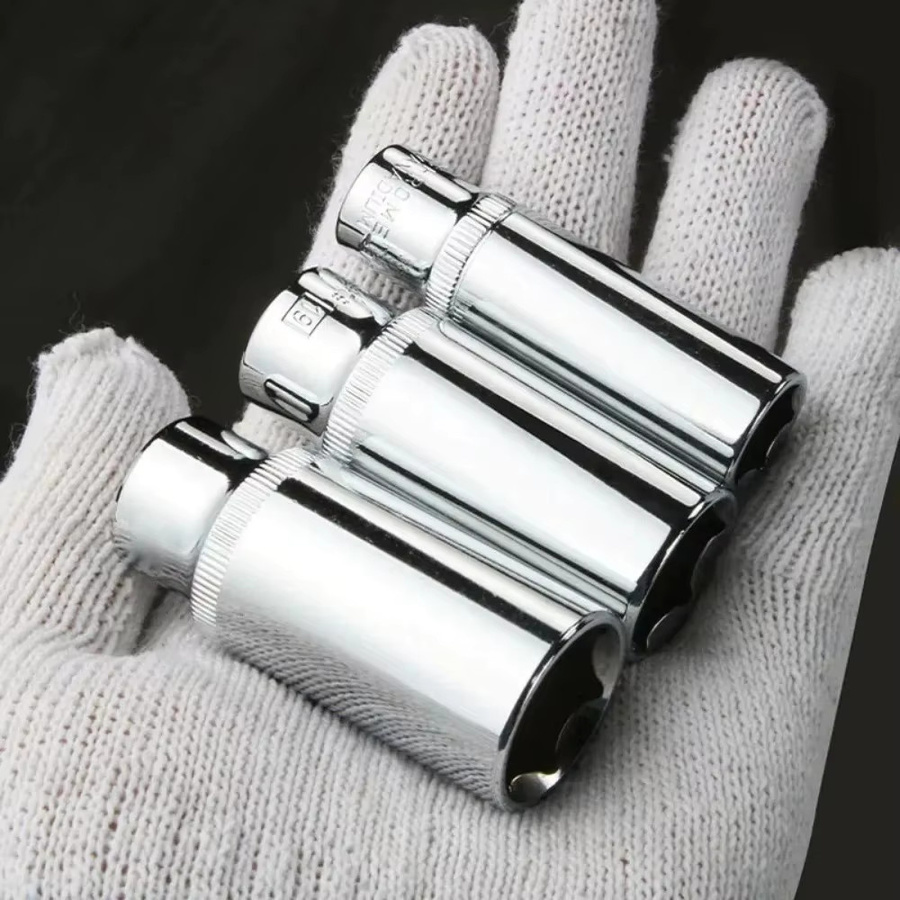 Steckschlüssel-Adapter-Set aus Chrom-Vanadium-Stahl mit 3/8 Zoll Anschluss, Sechskant-Langhülsen in den Größen 6-24 mm, Farbe Silber - Bild 2