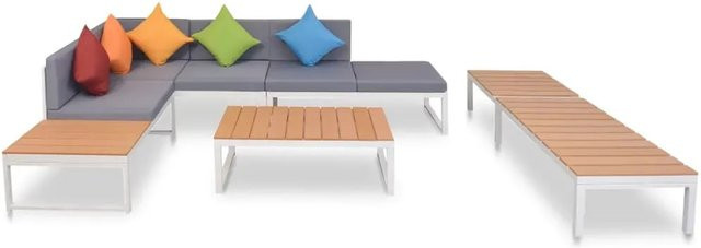 vidaXL 5-tlg Garten-Lounge-Set L-Form aus Aluminium und WPC mit Polsterauflagen und Kissen in Grau, Braun und Weiß - Bild 1