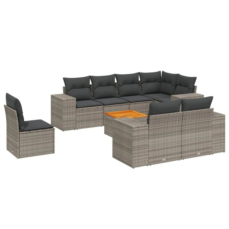 vidaXL 9-tlg Garten-Sofagarnitur aus Poly Rattan und Akazienholz in Grau mit Kissen Modell 69 - Bild 2