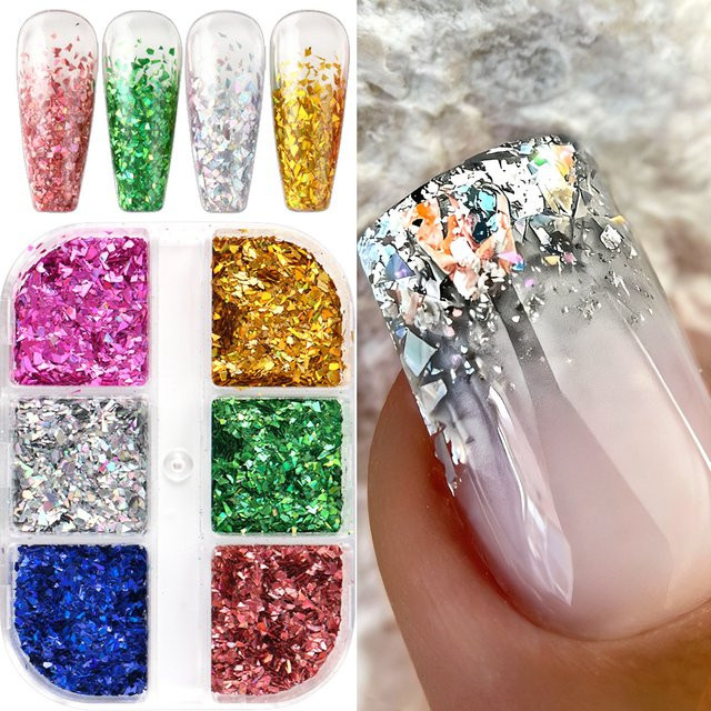 Full Beauty Nagelglitzer Flocken, 6er-Set, Silber Gold, Schimmernd - Bild 1