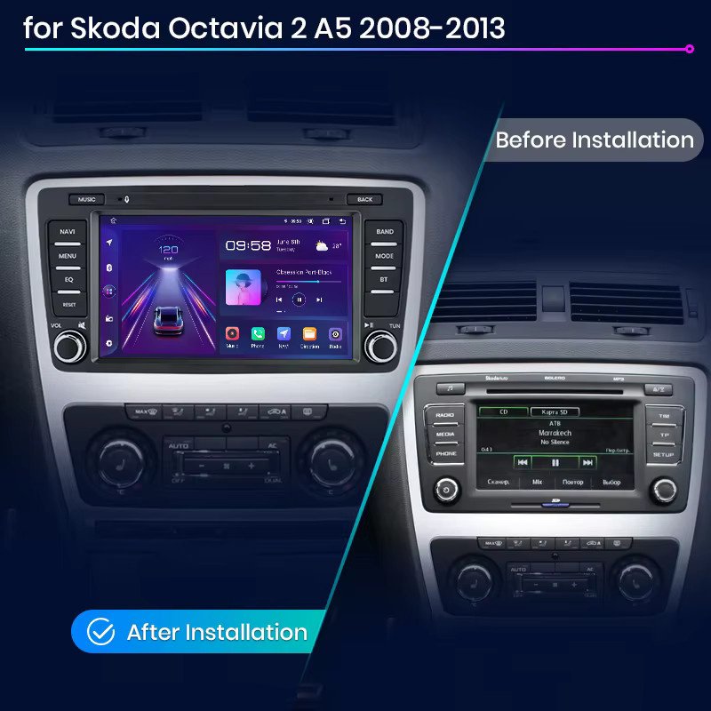 Junsun 7 Zoll Autoradio für Skoda Octavia 2 A5, 2 DIN Multimedia-System mit kabellosem CarPlay, Android Auto und 4G Unterstützung, Schwarz - Bild 2