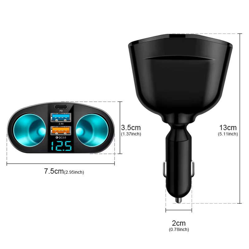 SEAMETAL 5-in-1 Autoladegerät in Schwarz mit 360-Grad-Drehung, Zigarettenanzünder-Splitter, QC3.0 Schnellladung und PD 20 W USB-C Ladestation für 12/24 V - Bild 4