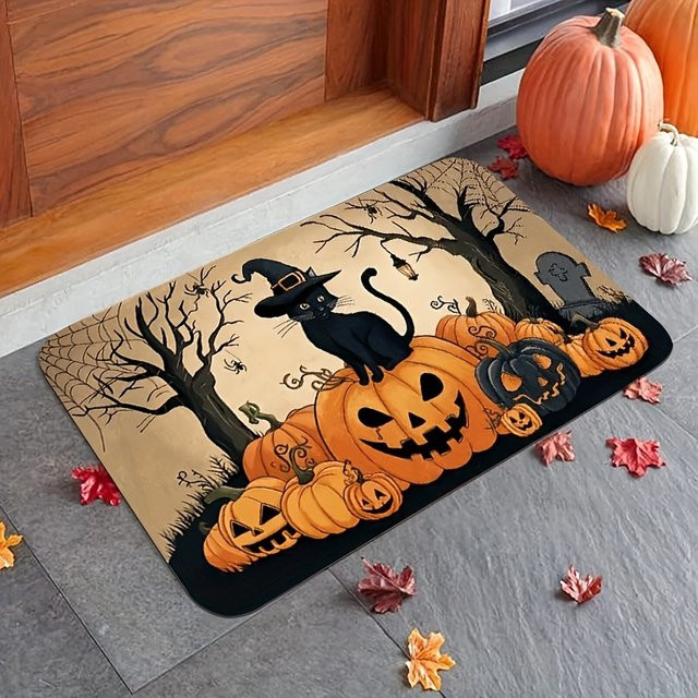 VIKAMA Halloween Fußmatte mit schwarzer Katze und Kürbis, Schwarz und Mehrfarbig, B/T: 60 x 40 cm - Bild 1