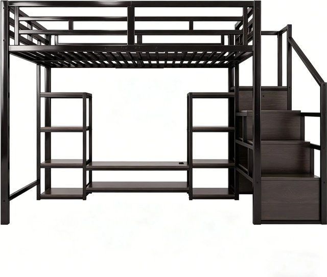 Merax Hochbett für Erwachsene in Schwarz mit LED, USB-Ladeport und Treppe, B/T/H: 140 x 200 x 251 cm - Bild 1