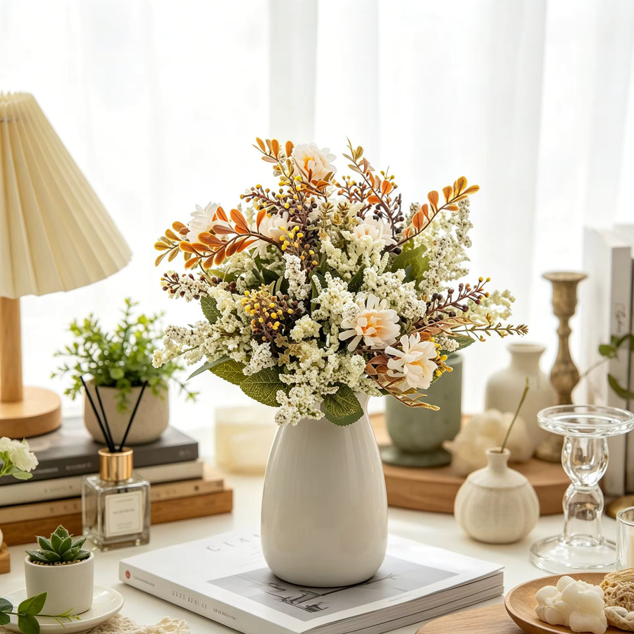 XIAOYINMO Künstliche Seidenblumen Chrysanthemen und Blasengras in Rot für Tischdekoration und Hochzeiten - Bild 3