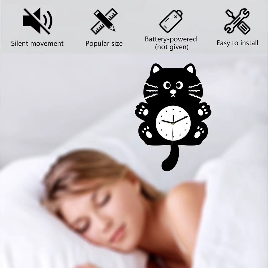 MagiDeal Wanduhr mit Cartoon Katze im modernen Design, Schwarz, Analog und Silent, Breite: 39,5 cm, Höhe: 28,0 cm - Bild 4