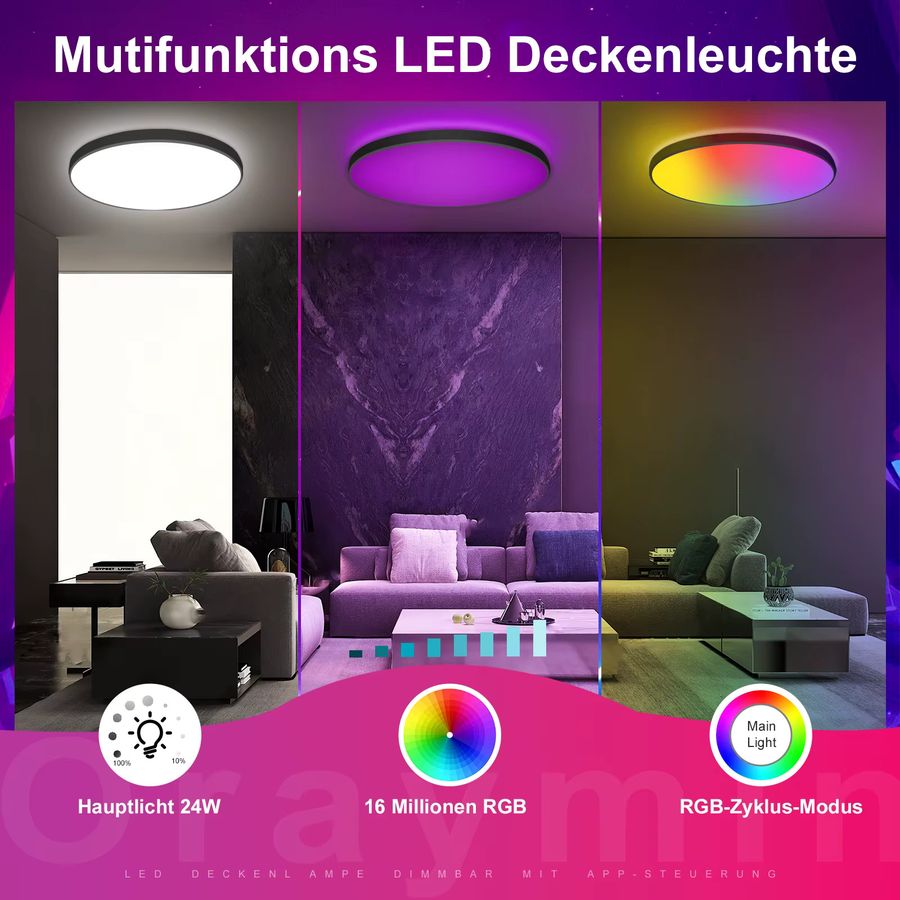 Oraymin Smart LED-Deckenleuchte RGB, 24W, Ø 30 cm, dimmbar mit Fernbedienung und App-Steuerung, 2400 Lumen - Bild 6