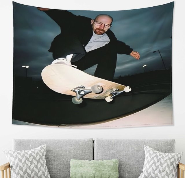 VIKAMA Wandteppich im Retro-Skateboard-Design, weiß und mehrfarbig, abstrakte Fotografie als Wanddekoration für dein Wohnzimmer oder Sofa - Bild 1