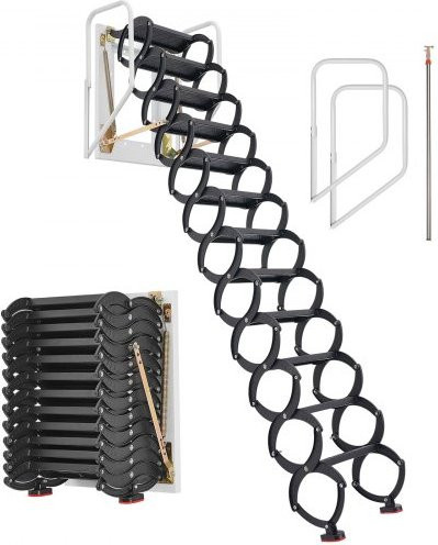VEVOR Dachbodenleiter zur Wandmontage aus Stahl in Schwarz, 12-stufige Stahl-Scherentreppe mit Handläufen, Tragkraft 299,4 kg - Bild 1