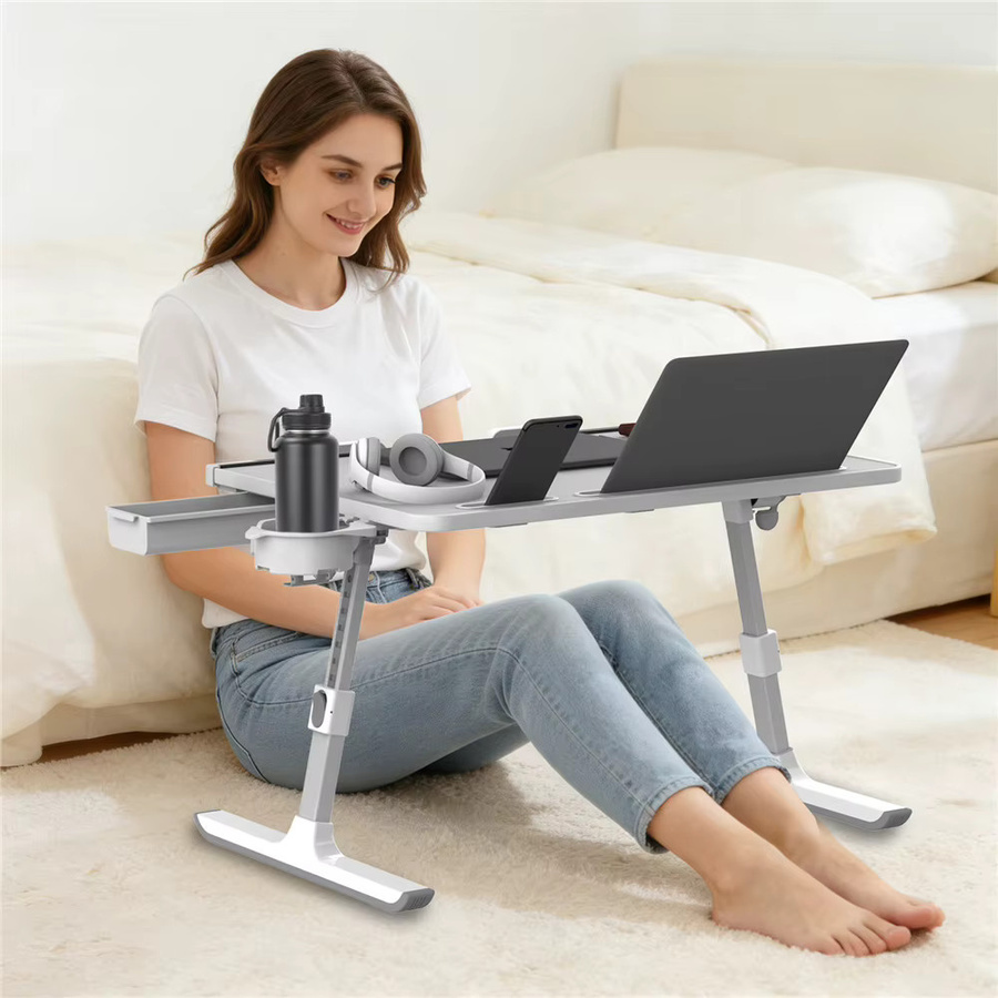 HGTUGO Klappbarer Computertisch in Weiß, Höhenverstellbarer Laptoptisch mit neigbarer Platte und 8 Stufen, Multifunktionaler Schreibtisch für Bett und Home Office, Tragkraft 15 kg - Bild 2