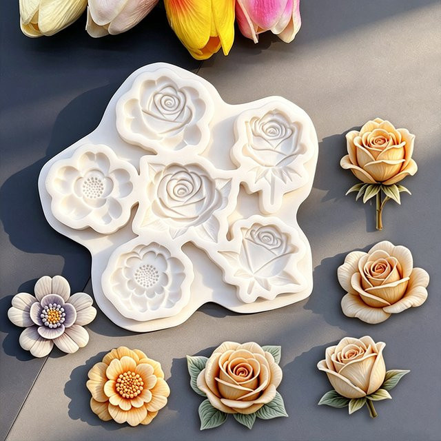 HANDLIFE Rosen-Silikonform für Zuckerguss, Schokolade und Fondant in Grau und Weiß - Bild 1