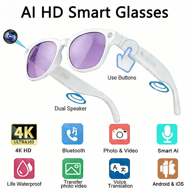 DIXSG 8K HD AI Smart Glasses mit Multifunktionskamera, Bluetooth für Anrufe, Sprachassistent und Musik-Player, erhältlich in Schwarz und Weiß - Bild 1