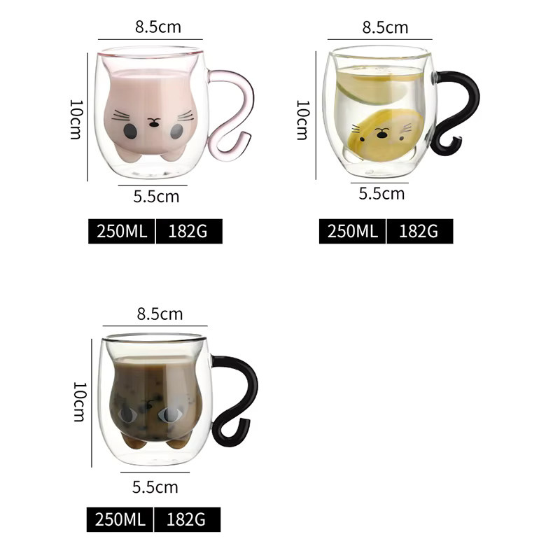 YWDL Doppelwandige Kaffeetasse mit Cartoon-Katzen-Design, transparent, 250 ml - Bild 5