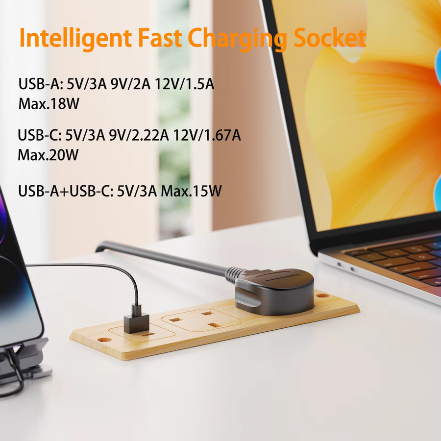 HITRENDS UK-Steckdose für Einbaugeräte mit 2 AC-Anschlüssen und USB-C PD 20W Schnellladung sowie 2 Meter Verlängerungskabel - Bild 1